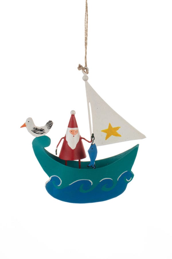 Tin Santa Fairy Lights Row Boat Shoeless Joe Nautical Christmas Decoration 